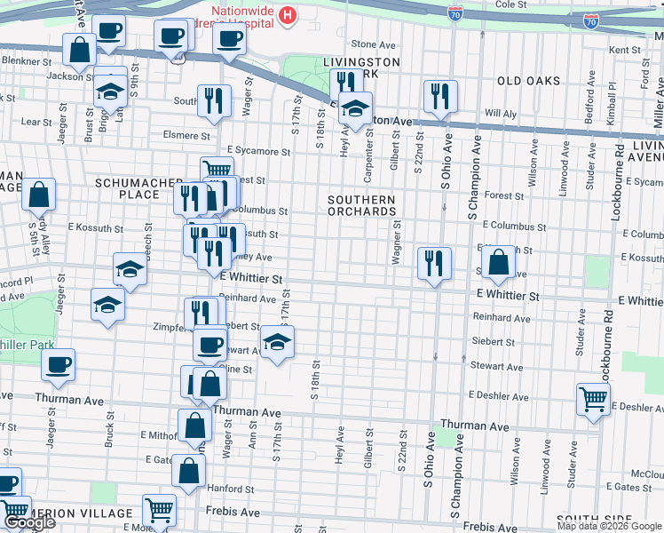 map of restaurants, bars, coffee shops, grocery stores, and more near 605 Stanley Avenue in Columbus