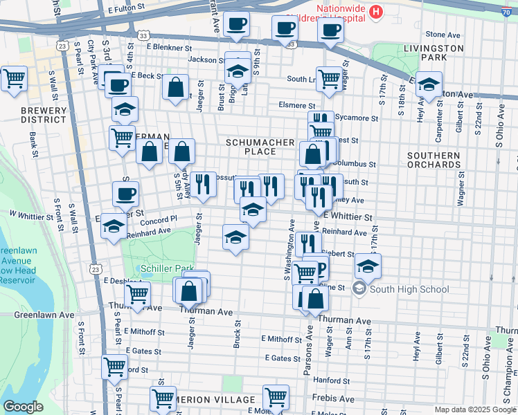 map of restaurants, bars, coffee shops, grocery stores, and more near 898 Beech Street in Columbus