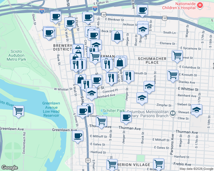 map of restaurants, bars, coffee shops, grocery stores, and more near 131 Lansing Street in Columbus