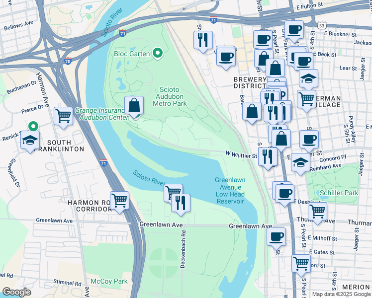 map of restaurants, bars, coffee shops, grocery stores, and more near Maier Pl in Columbus