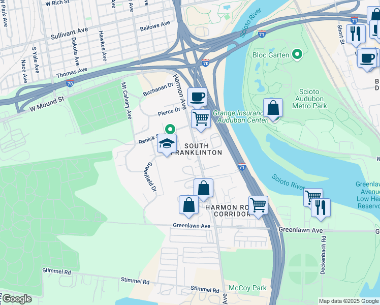 map of restaurants, bars, coffee shops, grocery stores, and more near 735 Harmon Avenue in Columbus