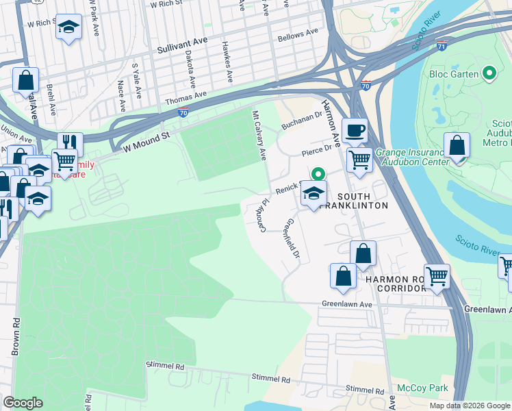 map of restaurants, bars, coffee shops, grocery stores, and more near 713 Canonby Place in Columbus