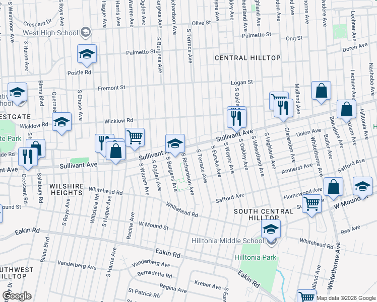 map of restaurants, bars, coffee shops, grocery stores, and more near in Columbus