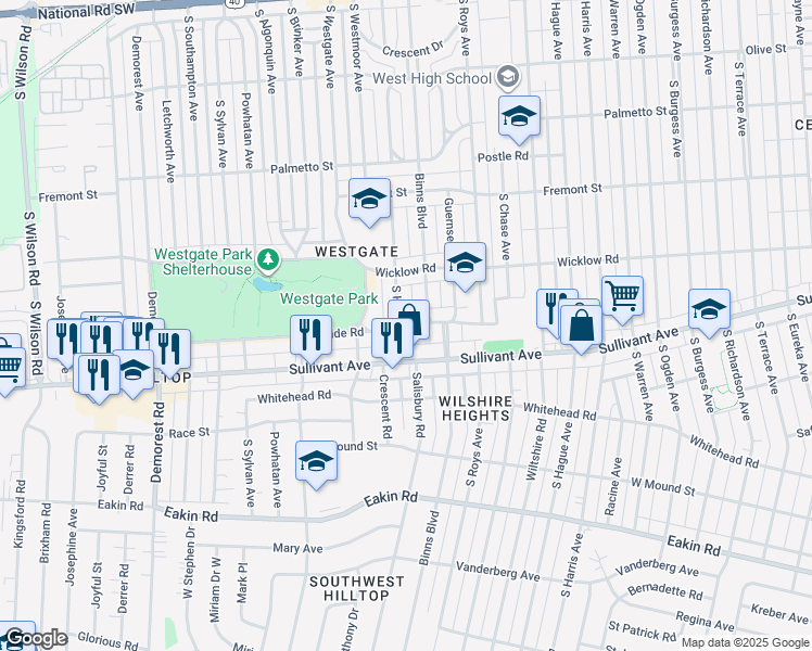 map of restaurants, bars, coffee shops, grocery stores, and more near 461 South Huron Avenue in Columbus