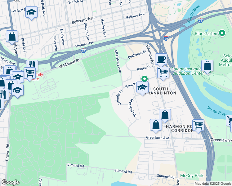 map of restaurants, bars, coffee shops, grocery stores, and more near 713 Canonby Place in Columbus