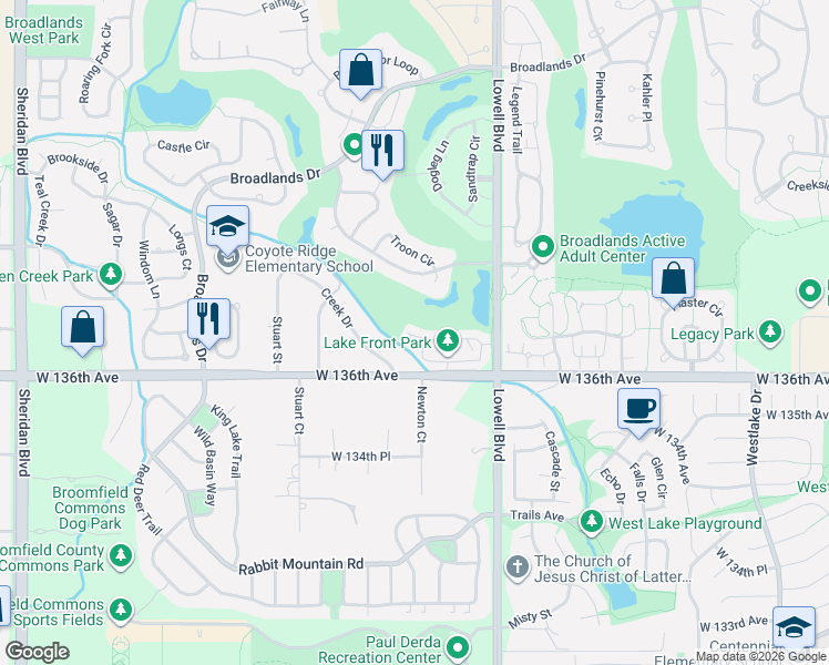 map of restaurants, bars, coffee shops, grocery stores, and more near 3751 West 136th Avenue in Broomfield