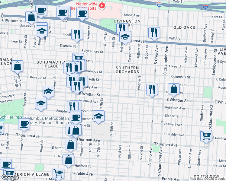 map of restaurants, bars, coffee shops, grocery stores, and more near 966 South 18th Street in Columbus