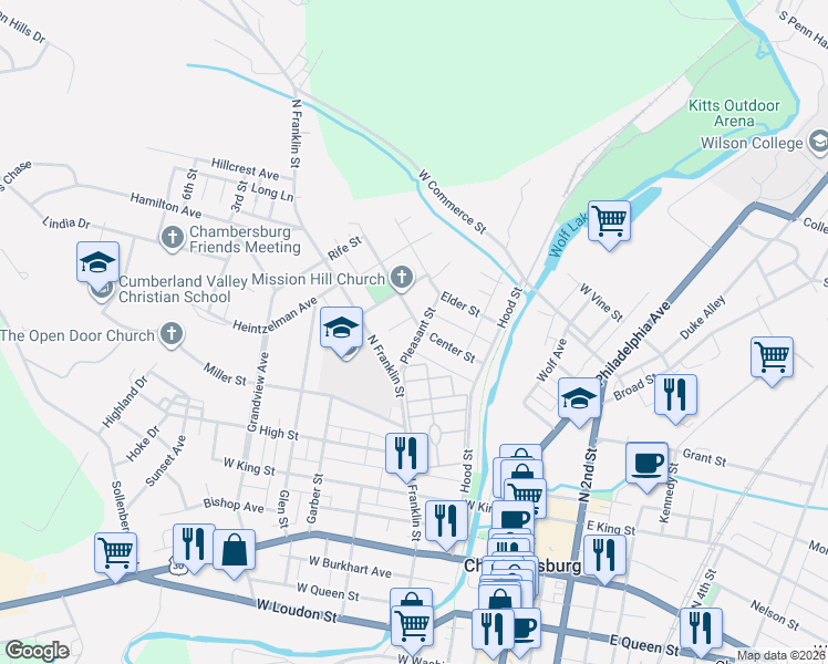 map of restaurants, bars, coffee shops, grocery stores, and more near 440 Center Street in Chambersburg