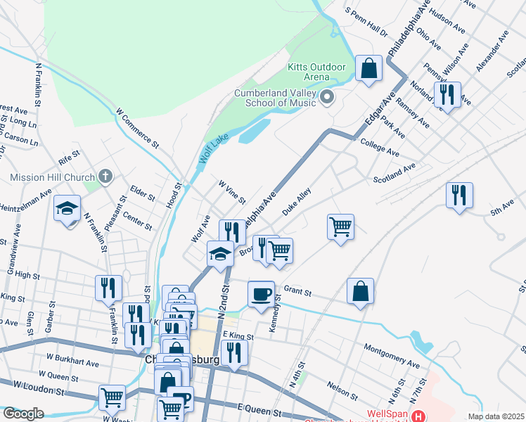 map of restaurants, bars, coffee shops, grocery stores, and more near 610 Philadelphia Avenue in Chambersburg