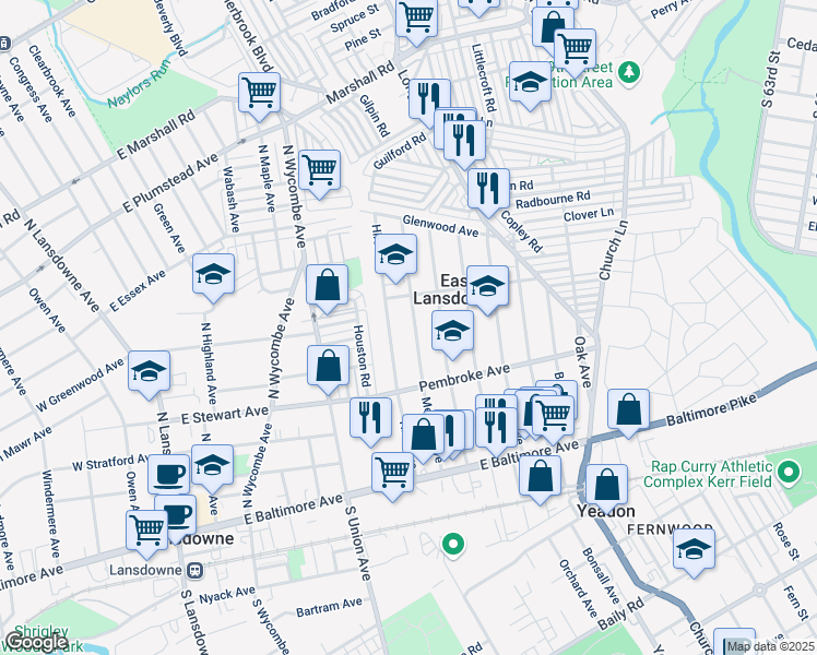 map of restaurants, bars, coffee shops, grocery stores, and more near 152 Melrose Avenue in East Lansdowne