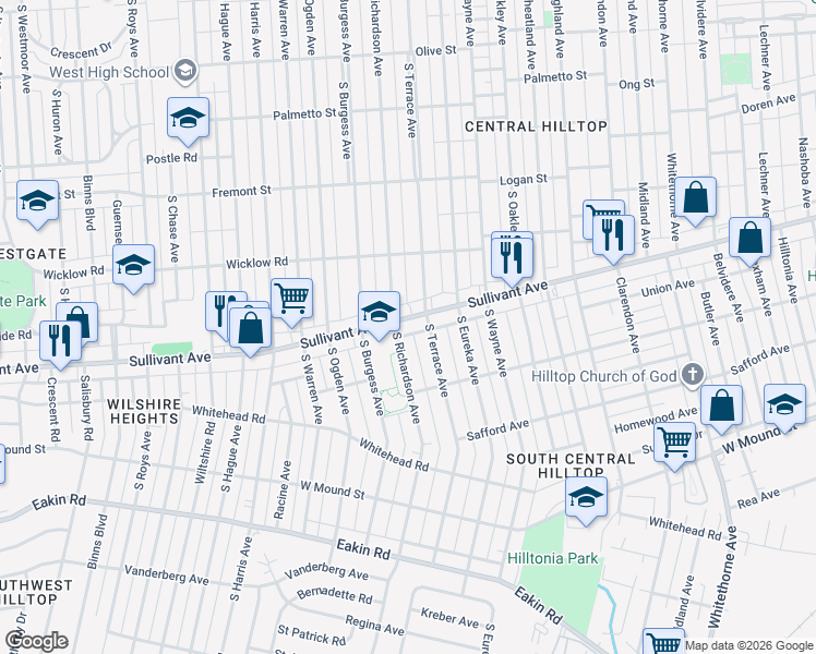 map of restaurants, bars, coffee shops, grocery stores, and more near in Columbus