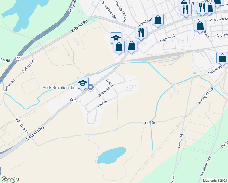 map of restaurants, bars, coffee shops, grocery stores, and more near 140 Hull Drive in York
