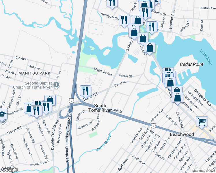 map of restaurants, bars, coffee shops, grocery stores, and more near 105 South Main Street in Toms River