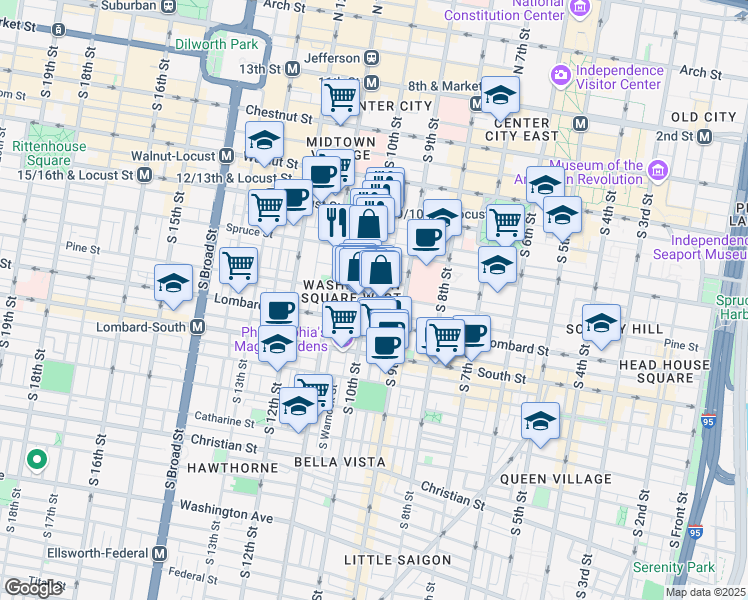 map of restaurants, bars, coffee shops, grocery stores, and more near 930 Pine Street in Philadelphia