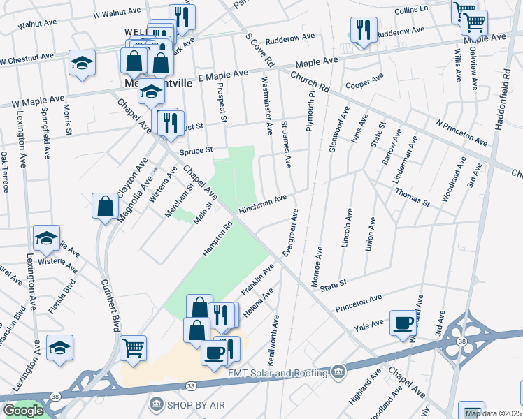 map of restaurants, bars, coffee shops, grocery stores, and more near 335 Hinchman Avenue in Cherry Hill