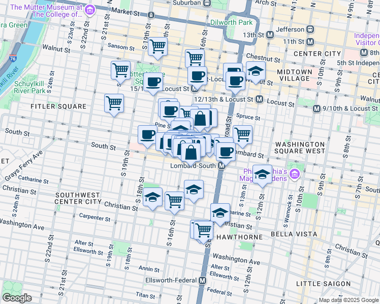 map of restaurants, bars, coffee shops, grocery stores, and more near 1534 Naudain Street in Philadelphia