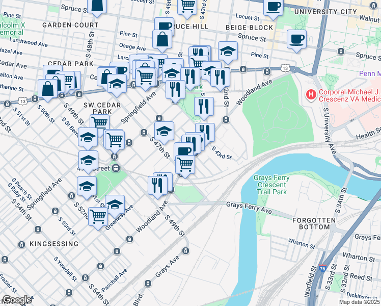 map of restaurants, bars, coffee shops, grocery stores, and more near 4601 Woodland Avenue in Philadelphia