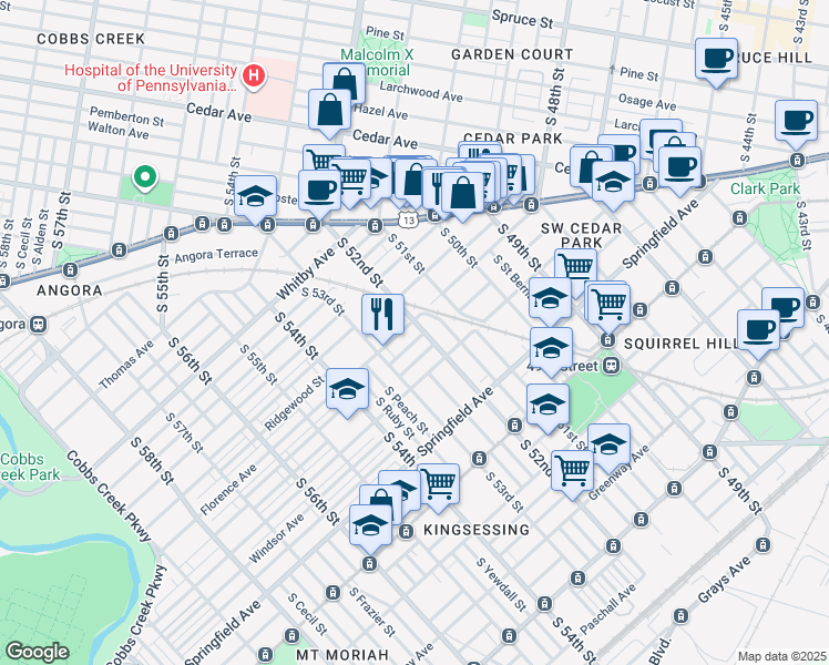 map of restaurants, bars, coffee shops, grocery stores, and more near 1001 South 52nd Street in Philadelphia