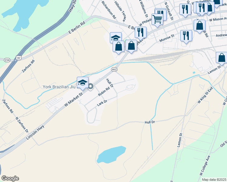 map of restaurants, bars, coffee shops, grocery stores, and more near 140 Hull Drive in York