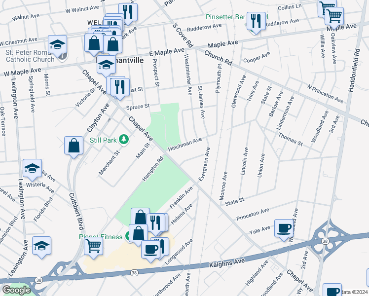 map of restaurants, bars, coffee shops, grocery stores, and more near 335 Hinchman Avenue in Cherry Hill