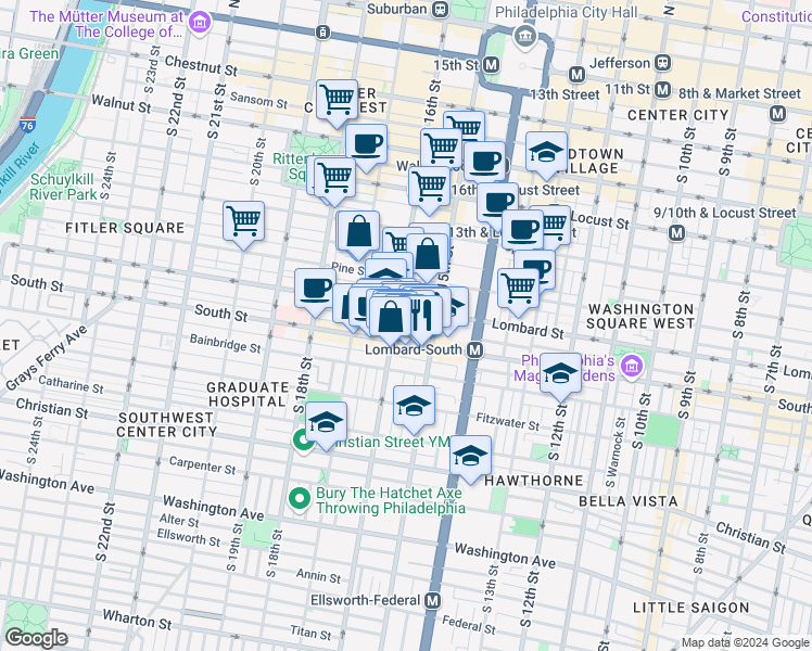 map of restaurants, bars, coffee shops, grocery stores, and more near 1534 Naudain Street in Philadelphia