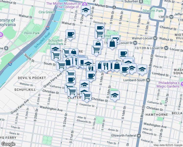 map of restaurants, bars, coffee shops, grocery stores, and more near 2007a South Street in Philadelphia