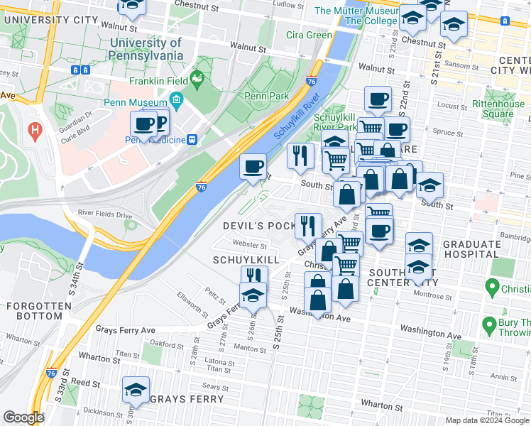 map of restaurants, bars, coffee shops, grocery stores, and more near 702 Captains Way in Philadelphia