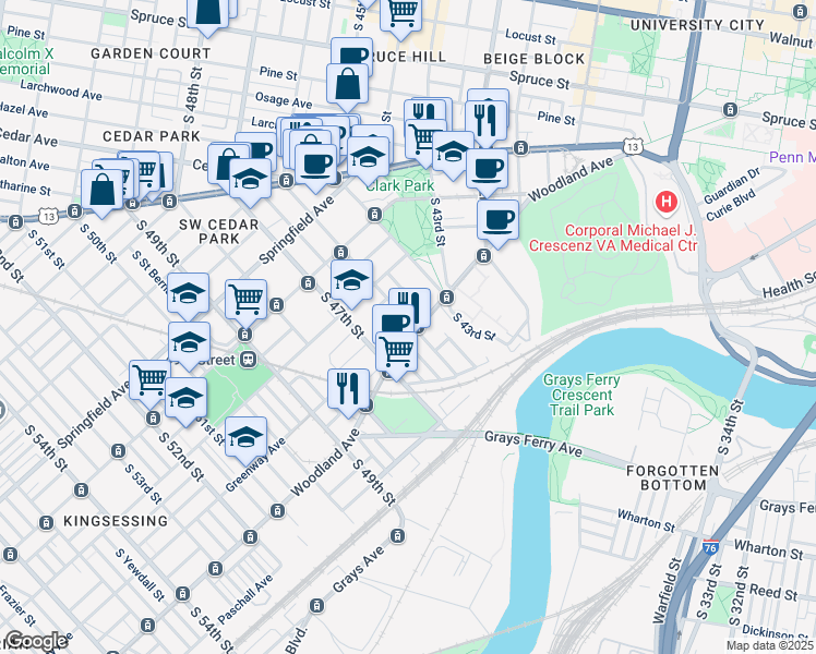 map of restaurants, bars, coffee shops, grocery stores, and more near 4601 Woodland Avenue in Philadelphia