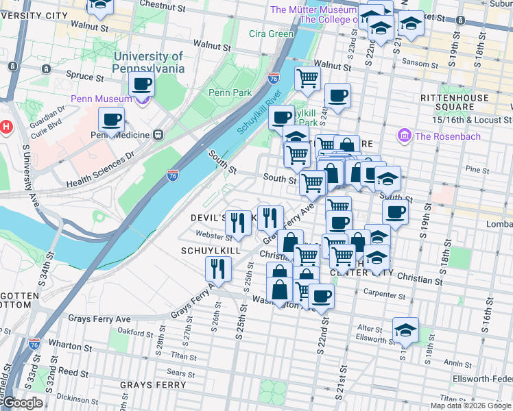 map of restaurants, bars, coffee shops, grocery stores, and more near 301 Admirals Way in Philadelphia