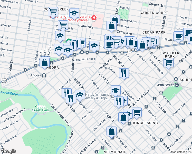 map of restaurants, bars, coffee shops, grocery stores, and more near 5402 Whitby Avenue in Philadelphia