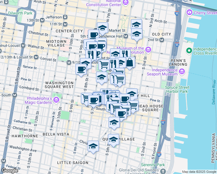 map of restaurants, bars, coffee shops, grocery stores, and more near 323 South 6th Street in Philadelphia