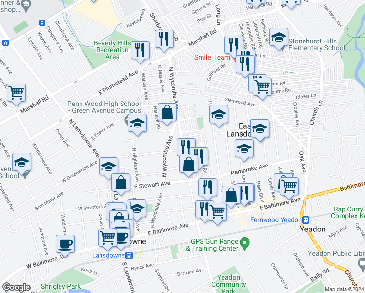 map of restaurants, bars, coffee shops, grocery stores, and more near 126 Union Avenue in Lansdowne