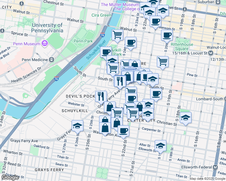 map of restaurants, bars, coffee shops, grocery stores, and more near 305 Governors Court in Philadelphia