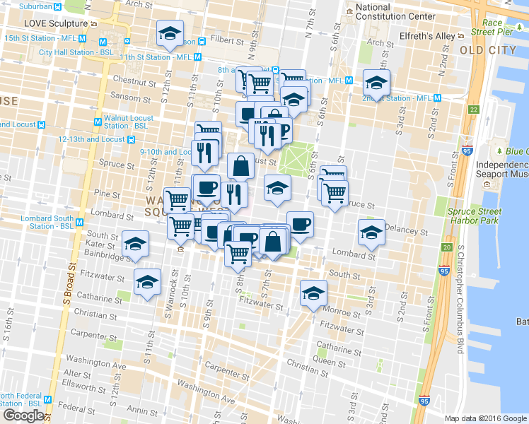 map of restaurants, bars, coffee shops, grocery stores, and more near 719 Pine Street in Philadelphia