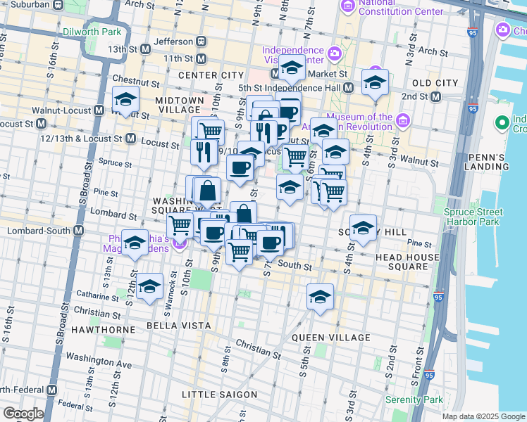 map of restaurants, bars, coffee shops, grocery stores, and more near 719 Pine Street in Philadelphia