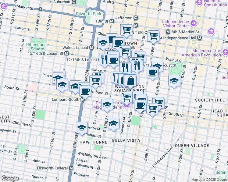 map of restaurants, bars, coffee shops, grocery stores, and more near 1134 Waverly Street in Philadelphia