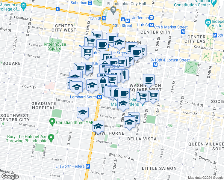 map of restaurants, bars, coffee shops, grocery stores, and more near 428 South 13th Street in Philadelphia