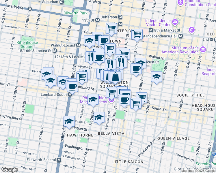 map of restaurants, bars, coffee shops, grocery stores, and more near 405 South 11th Street in Philadelphia