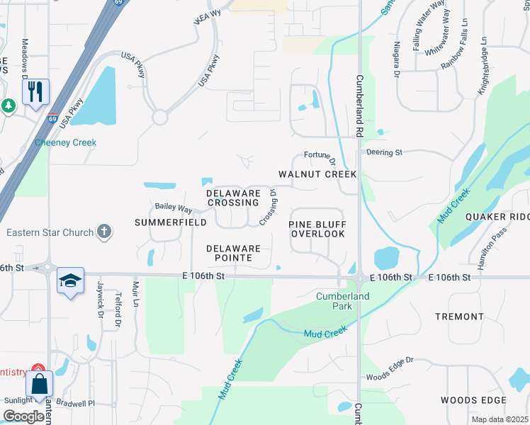map of restaurants, bars, coffee shops, grocery stores, and more near 9214 Crossing Drive in Fishers
