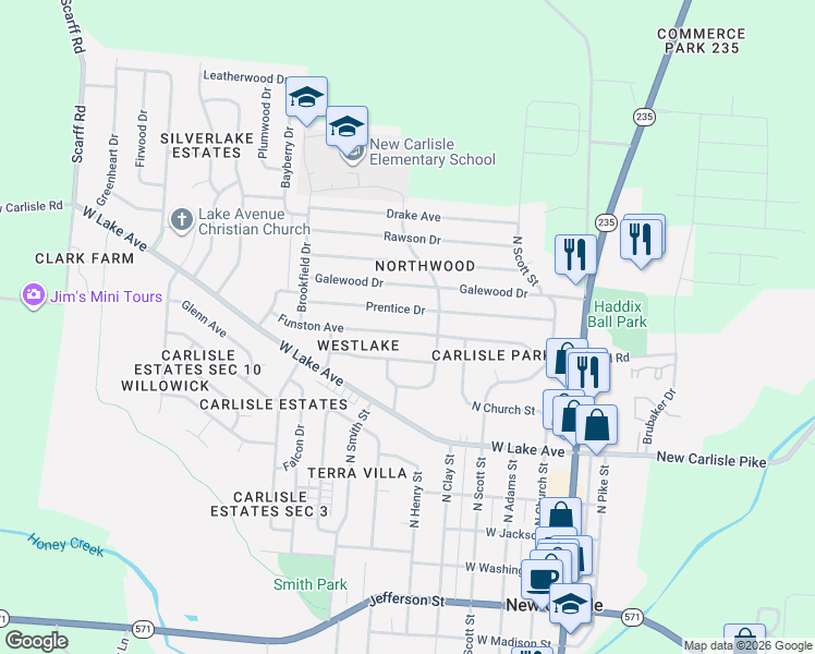 map of restaurants, bars, coffee shops, grocery stores, and more near 312 Prentice Drive in New Carlisle