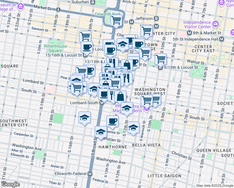 map of restaurants, bars, coffee shops, grocery stores, and more near 428 South 13th Street in Philadelphia