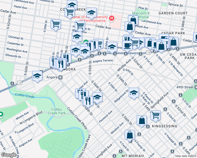 map of restaurants, bars, coffee shops, grocery stores, and more near 5530 Elliott Street in Philadelphia