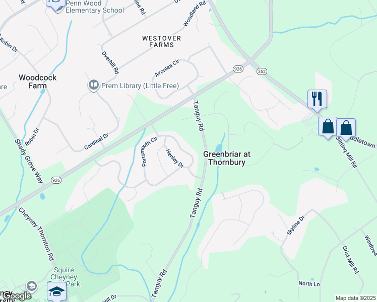 map of restaurants, bars, coffee shops, grocery stores, and more near 158 Portsmouth Circle in Glen Mills