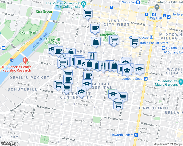 map of restaurants, bars, coffee shops, grocery stores, and more near 605 South 20th Street in Philadelphia