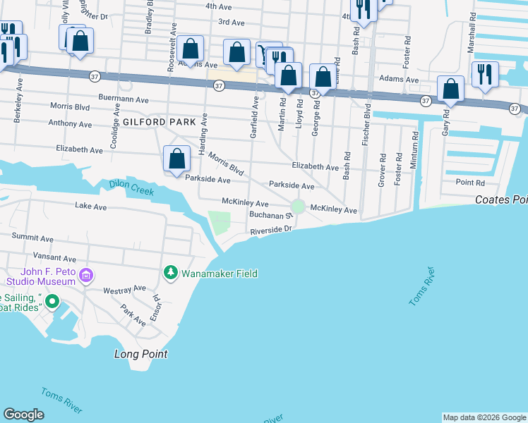 map of restaurants, bars, coffee shops, grocery stores, and more near 730 Morris Boulevard in Toms River
