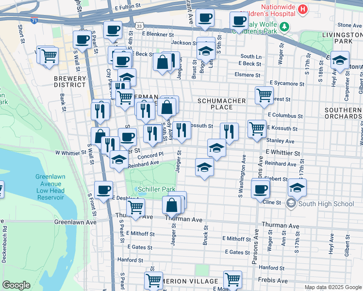 map of restaurants, bars, coffee shops, grocery stores, and more near East Whittier Street & Jaeger Street in Columbus