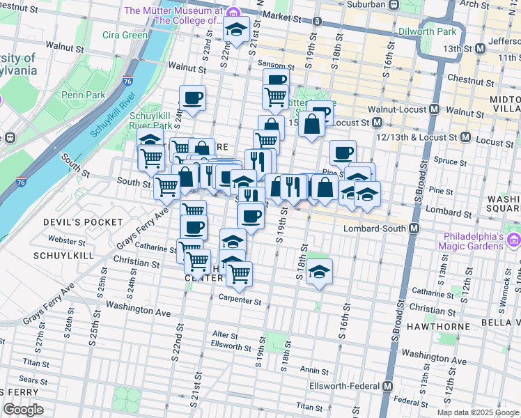 map of restaurants, bars, coffee shops, grocery stores, and more near 605 South 20th Street in Philadelphia