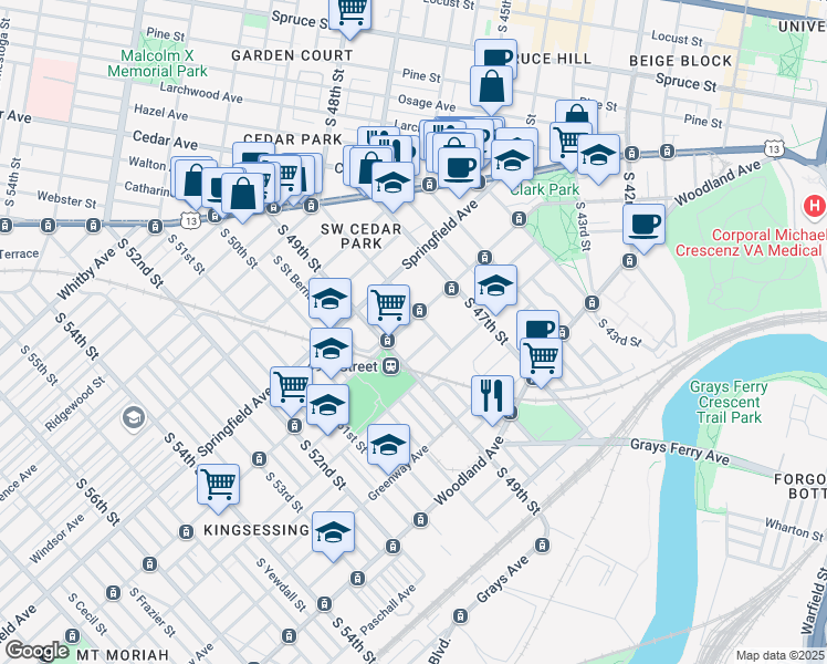 map of restaurants, bars, coffee shops, grocery stores, and more near 4823 Chester Avenue in Philadelphia