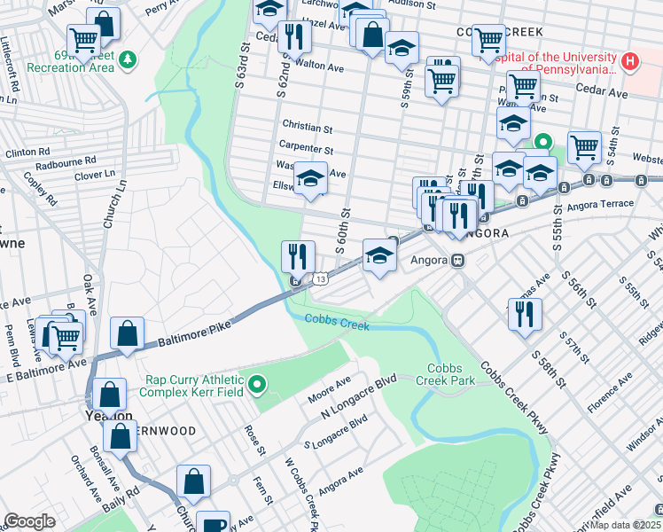 map of restaurants, bars, coffee shops, grocery stores, and more near 1210 S 60th St in Philadelphia