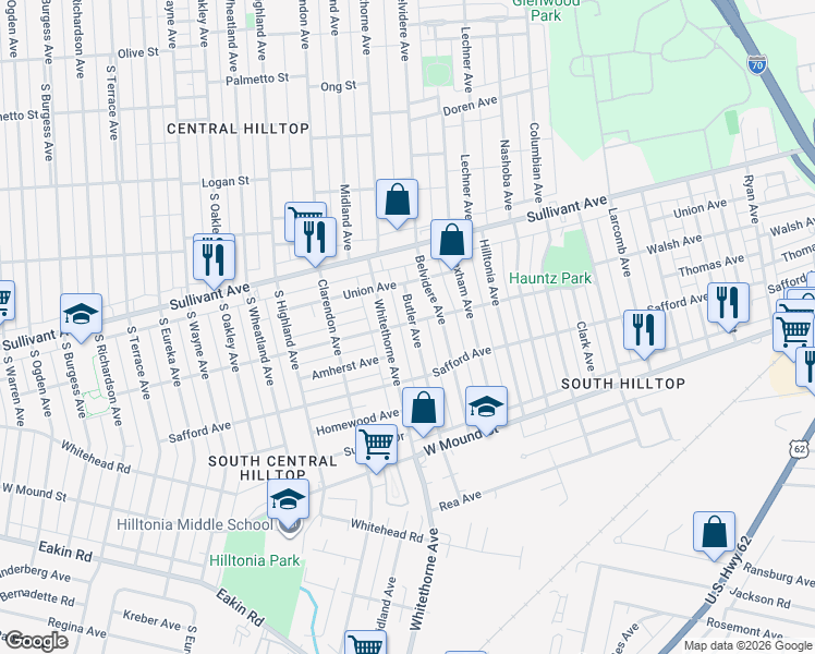 map of restaurants, bars, coffee shops, grocery stores, and more near 523 Butler Avenue in Columbus